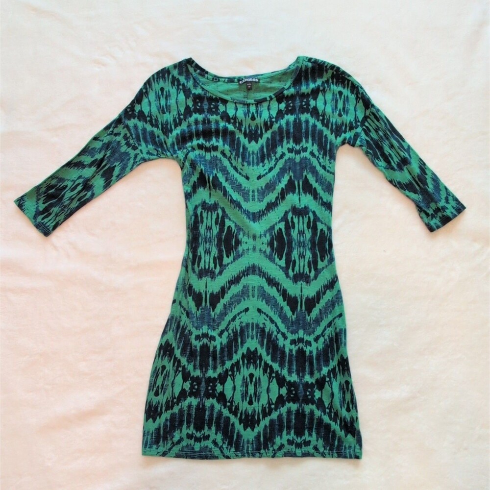 Express Green/Black Abstract 3/4 Sleeve Scoop Neck Sheath Dress S Mini